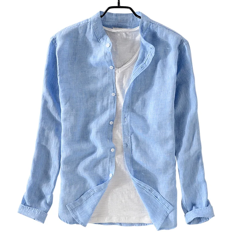 Рубашка мужская с длинным рукавом льняная сорочка воротником стойкой однотонная