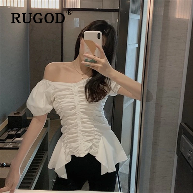 RUGOD Корейская женская блузка с открытыми плечами элегантные плиссированные