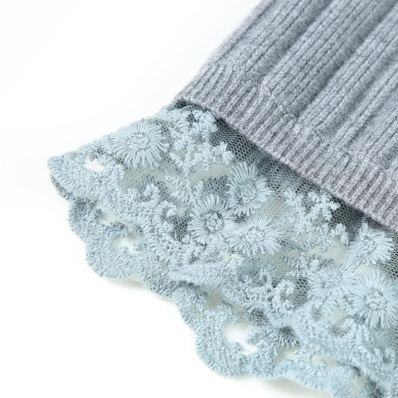 

Fashion Casual Winter Ladies Women Grey Black Lace Patchwork Mid Calf Knitted Skirt , Fall Female Woman Stretch Pencil Skirts