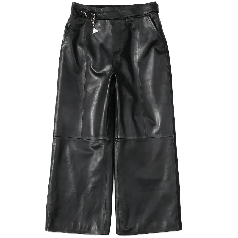 2019 Autumn Wide Leg Leather Pants Trousers Women Plus Size High Waist Loose Streetwear Vintage Casual Sexy Black Woman | Женская одежда