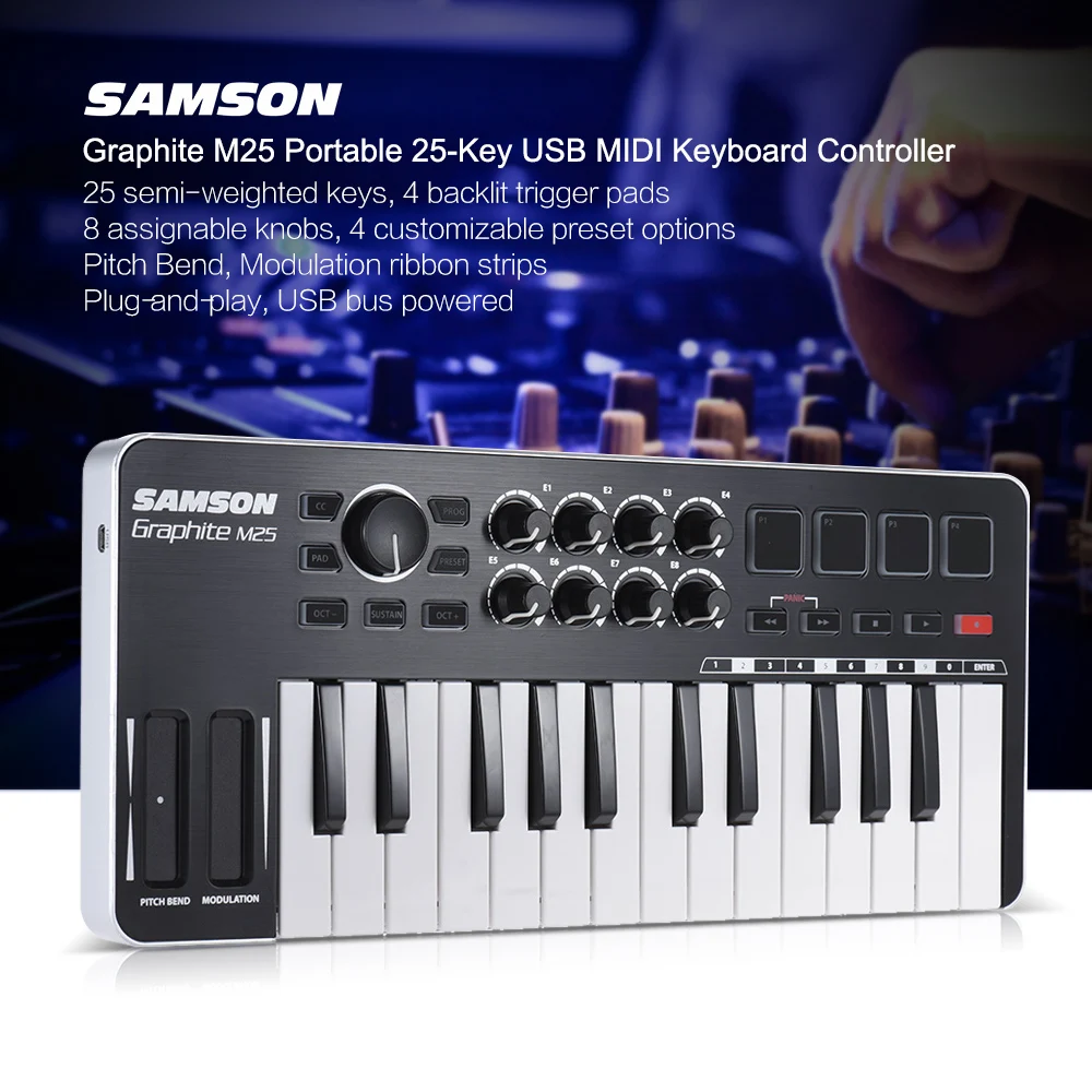Самсон графит M25 ультра-Портативный мини 25-ключ USB MIDI контроллер клавиатуры с USB кабелем(4 колодки/8 назначаемых ручек