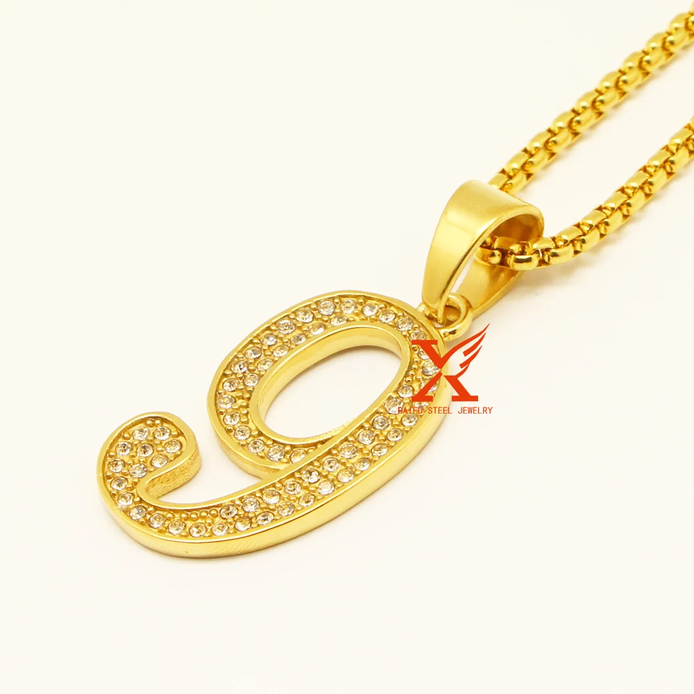 24 &quot(60 см) для мужчин хип-хоп Jewelry Нержавеющая сталь Золото Льдом № 9 Кулон