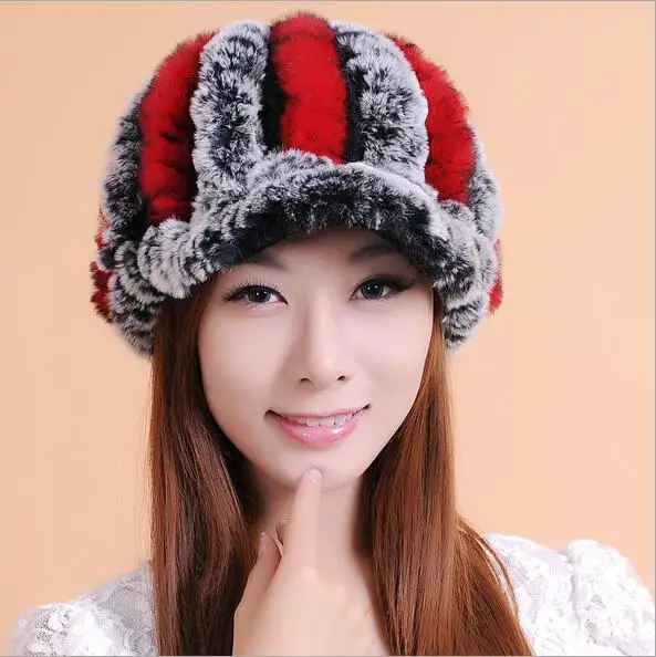 

DANCING WINGS Women Visors Winter Cute Casual Thick Warm Rex Rabbit Fur Hats Elegant Luxury Striped Knitted Fur Hats Female MS-5