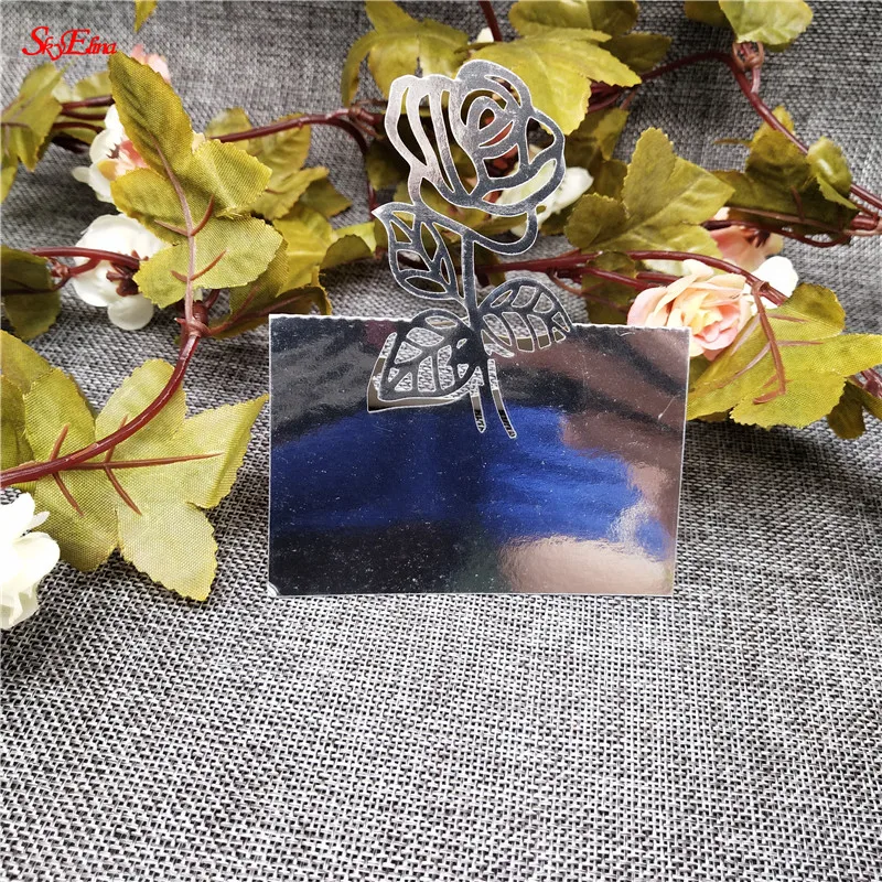 BrightSilver 10/50/100PCS rose Shape Table Name Place Cards Wedding Christmas Birthday Party Invition Cards Table Decoration Favor 12X9cm 9Z - Цвет: BrightSilver