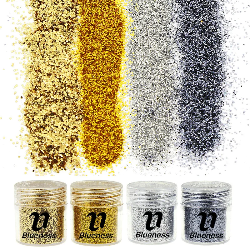 Набор из 4 бутылок золотой, серебряной, черной пайеткой и камнями для ногтей, глиттером, декорациями, акриловым УФ-порошком и 3D-арт-советами BG057-060.