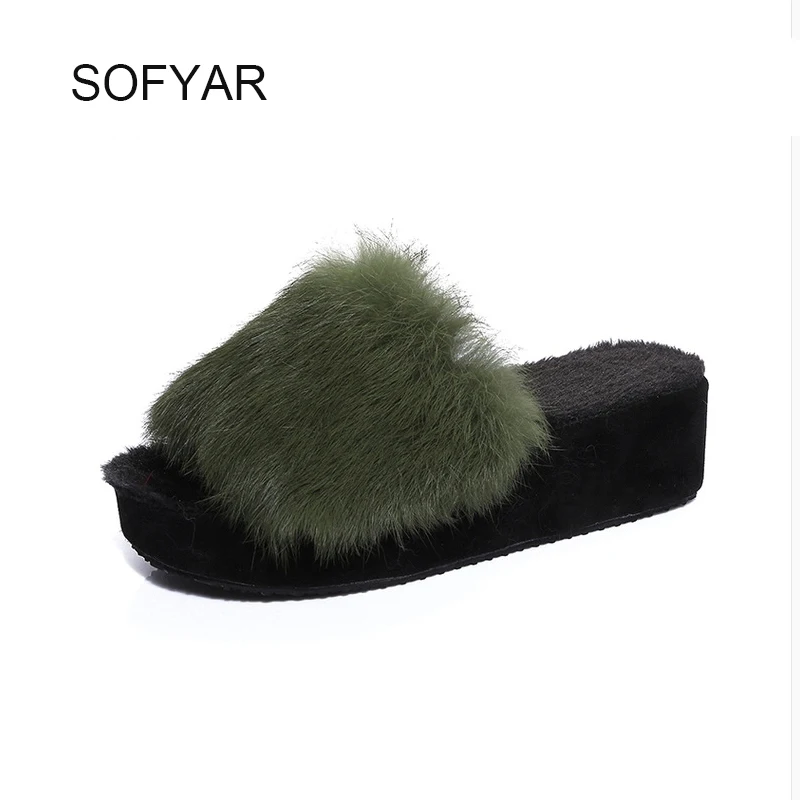 2017 меховые тапочки сезон весна Домашние шлепанцы на высоком каблуке обувь из