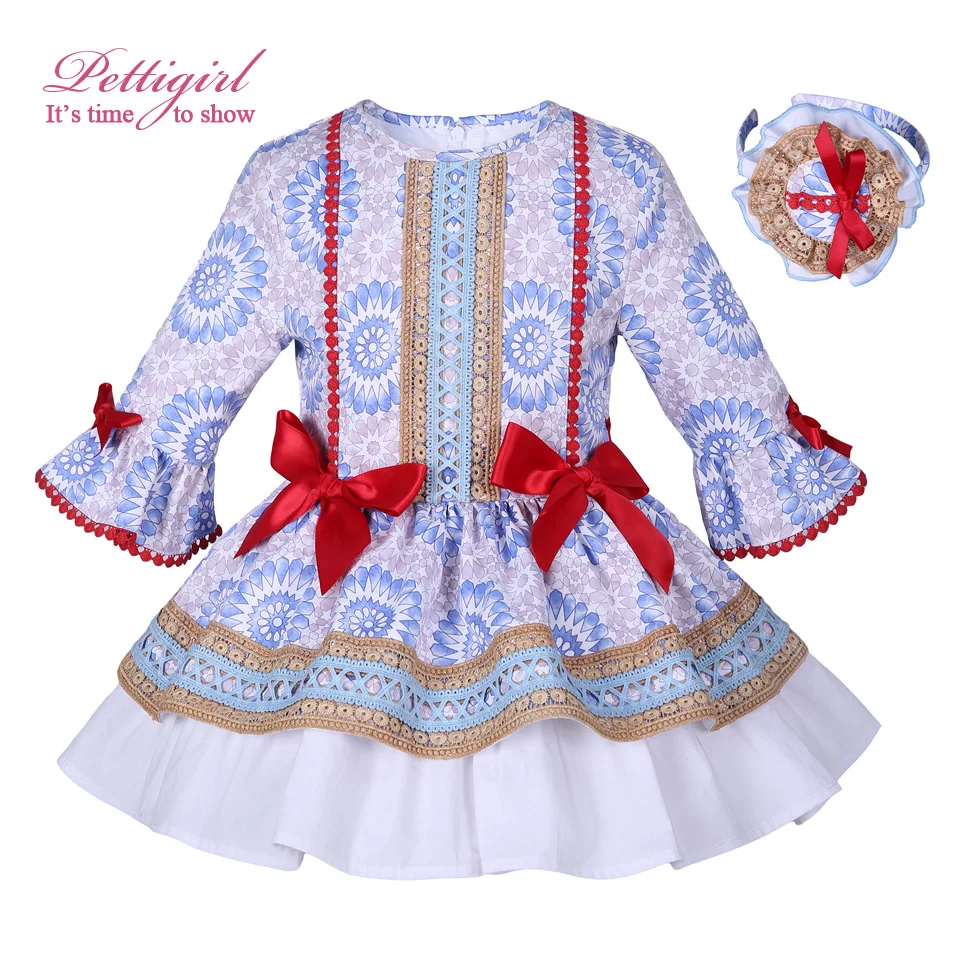 Pettigirl/синий с принтом платье для девочек красным бантом одежда длинным рукавом