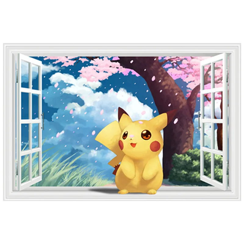 Pocket Monster game poster Baby Pikachu 3d Виниловые наклейки на стену с фальш окном для детских