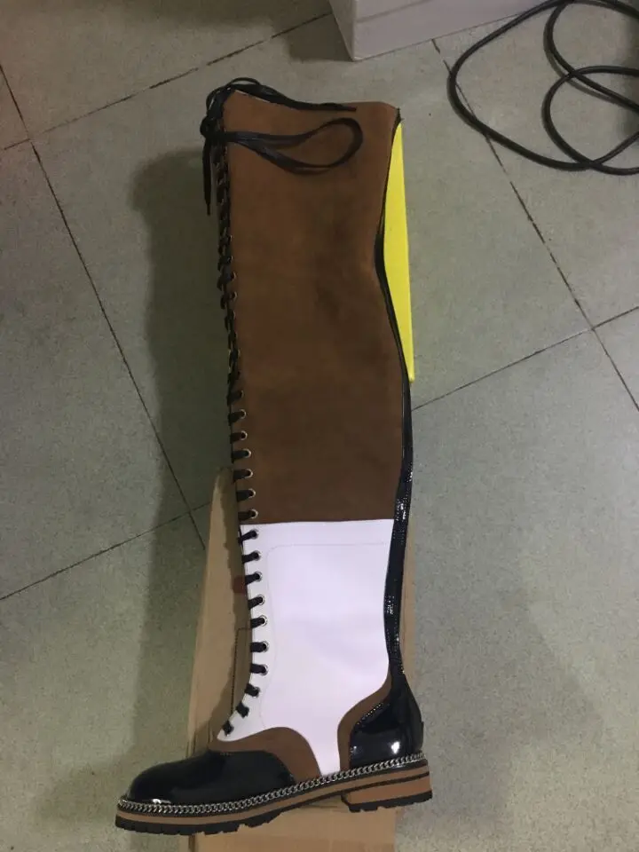 

Mixed Colors Femmes Suede And Leather Flat Over The Knee Woman Lace-Up Motorcycle Thigh High Bottines Zipper Botas Camperas Muje