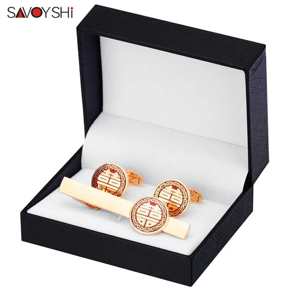 

SAVOYSHI Chinese Double Love Mens Tie Clip Cufflinks Set High Quality Necktie Pin Tie Bars Clasp Wedding Engagement Jewelry