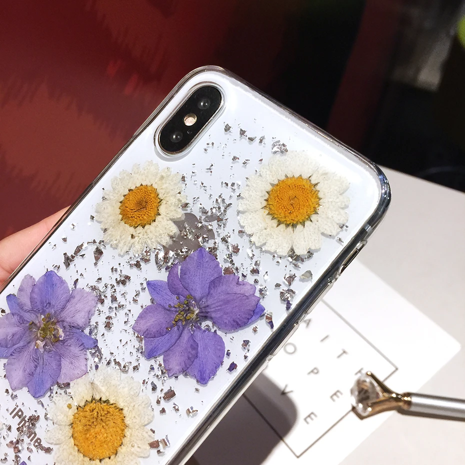 Qianliyao Роскошные настоящие сухие цветы чехол для телефона iPhone 6 6S 7 8 Plus X Чехлы