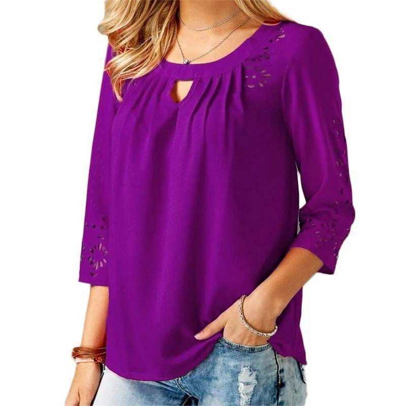 OEAK 5XL осенние женские элегантные шифоновые блузки рубашки однотонные 3/4 рукав