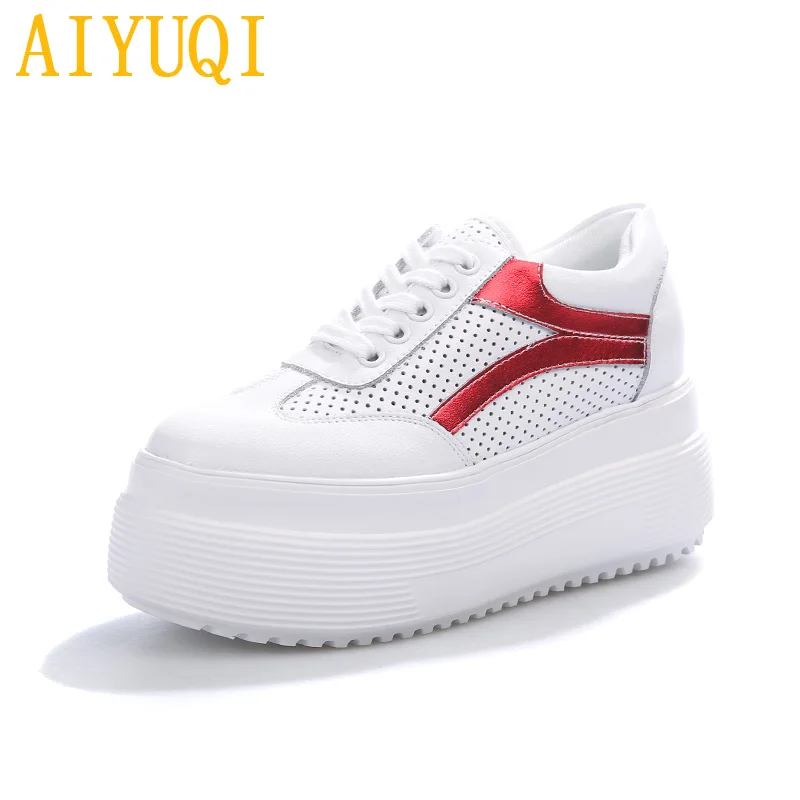 red mesh AIYUQI; женская повседневная обувь; коллекция года; сезон весна; Новинка; женская обувь из натуральной кожи на платформе и высоком каблуке; женские белые туфли из сетчатого материала на губчатой подошве - Цвет: red mesh