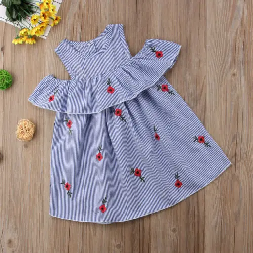 Kids Baby Girls Dress Flower Striped Ruffles Short Sleeve Party Sundress Size 3-7T | Детская одежда и обувь