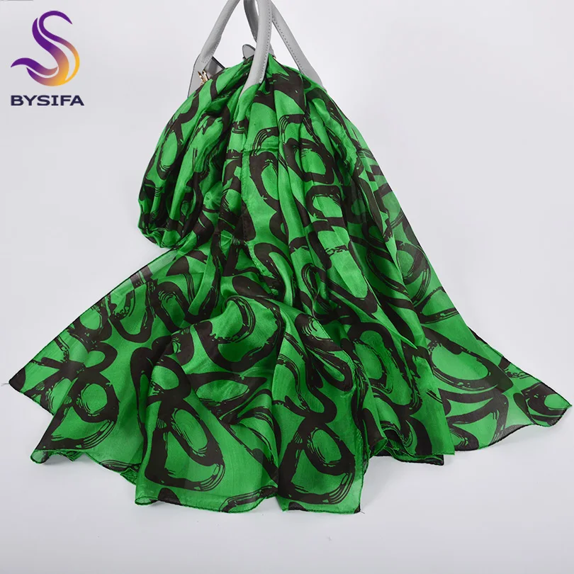 

[BYSIFA] New Scarves Shawls Foulard Ladies Fashion Graffiti Design 100% Silk Long Scarf Luxury Green Women Neck Scarves Wraps