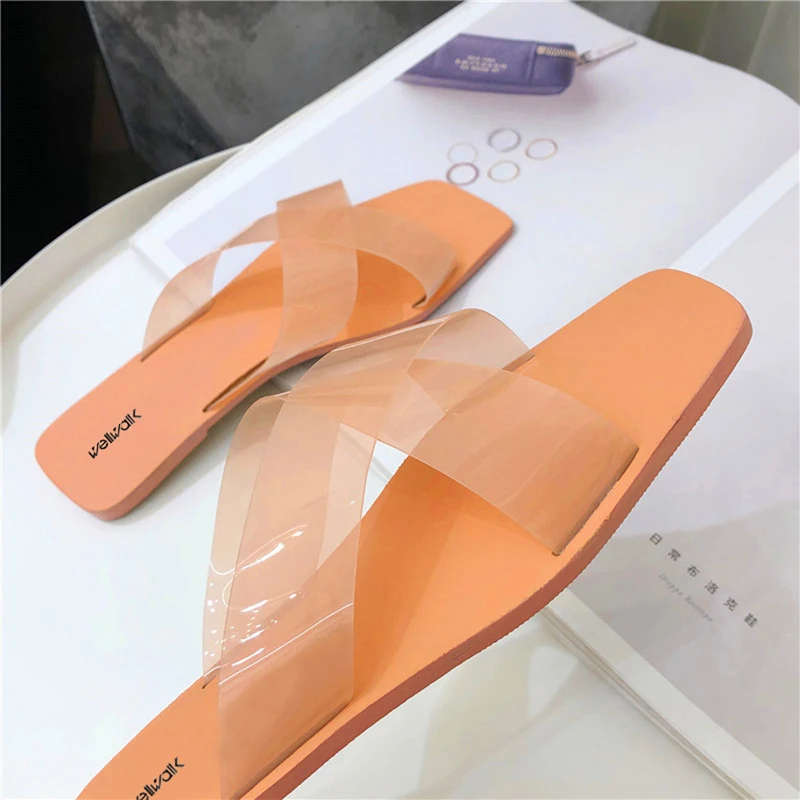 Wellwalk Для женщин кросс тапочки с шнурками женские прозрачные плоские шлепанцы без