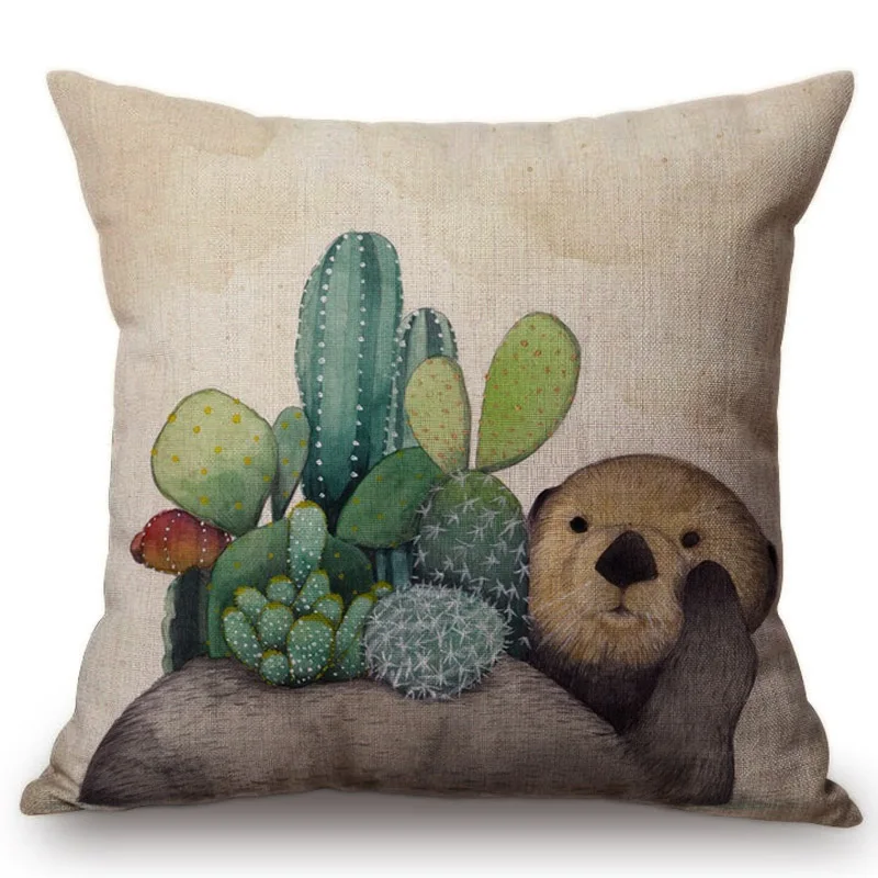 Милые животные кошка Ежик наволочка тропический кактус древний животный узор