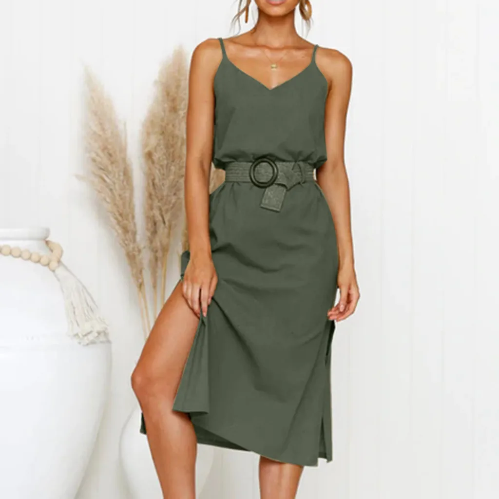 Женское платье на пуговицах KLV однотонное пляжное до колена с v-образным вырезом