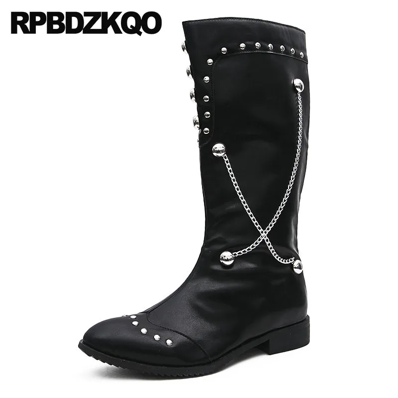

Shoes Rock Embellished Punk Zipper Metalic Mid Calf Fur Stud Black Mens Leather Tall Boots Rivet Pointed Toe Waterproof Runway