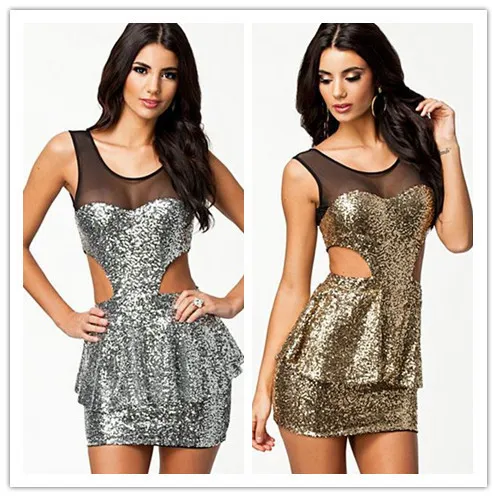 Silver/ Golden Clinquant Mesh Cutout Peplum Dress LC21094 new 2014 sexy women summer dress | Женская одежда