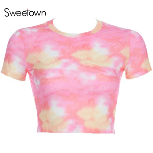 Sweetown короткий рукав галстук краситель укороченная Женская Футболка harajuku Kawaii милые женские s футболки розовый o-образный вырез трикотажная сексуальная летняя рубашка - Цвет: as picture