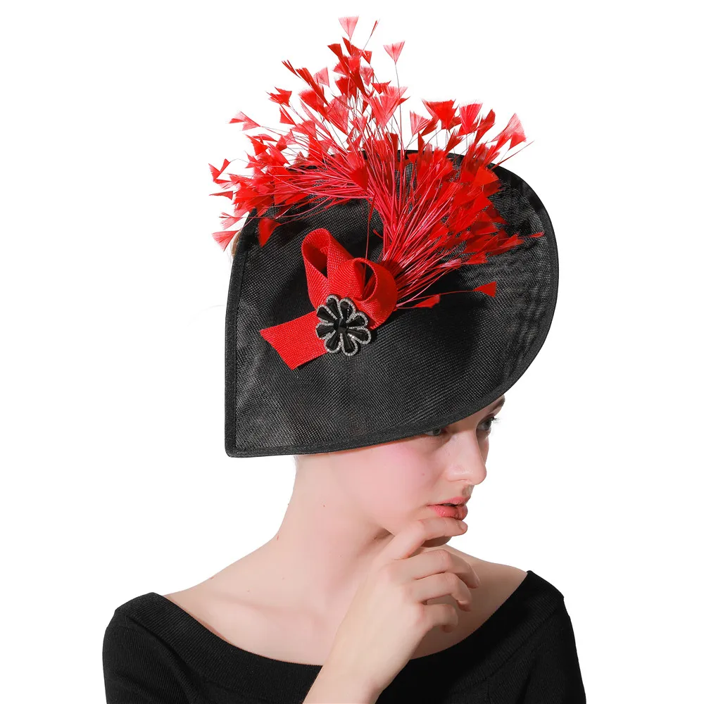 

Elegant Women Cocktail Party Fascinator Hair Accessory Wedding Derby Church Clip Hat Flower Red Feather Millinery Headwear Decor