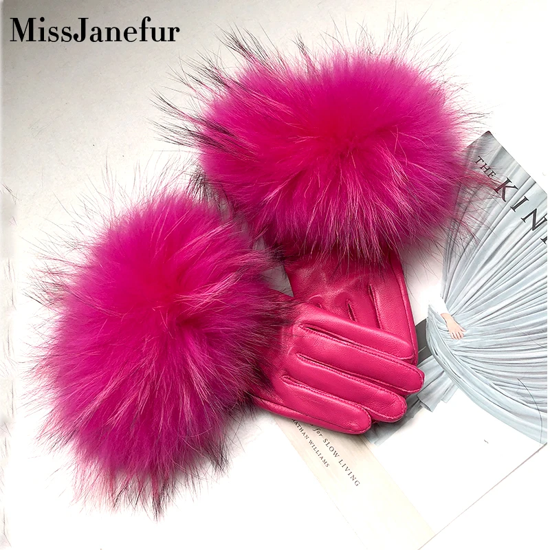 

Leather Gloves Raccoon Fur Cuff Genuine Sheep Leather Colorful Women Fashion Winter Gloves Long Finger Leather Driving Gloves