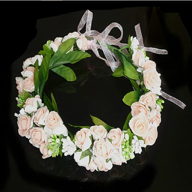 Бело-розовые аксессуары для волос женщины девочки, набор из пены, цветочный головной убор и браслет, пляжная свадьба, искусственная цветочная венок на запястье.