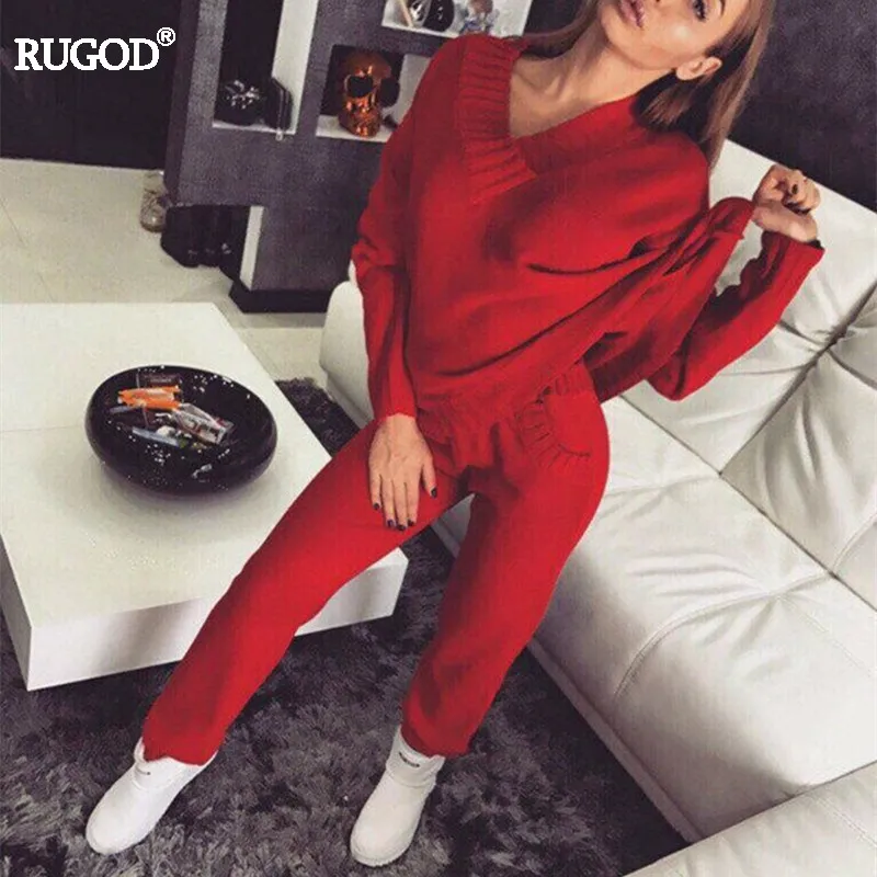 Rugod, осенне-зимний женский хлопковый спортивный костюм, комплект из 2 предметов, однотонный Вязаный топ с v-образным вырезом и длинным рукавом+ штаны, костюм для женщин, одежда для отдыха