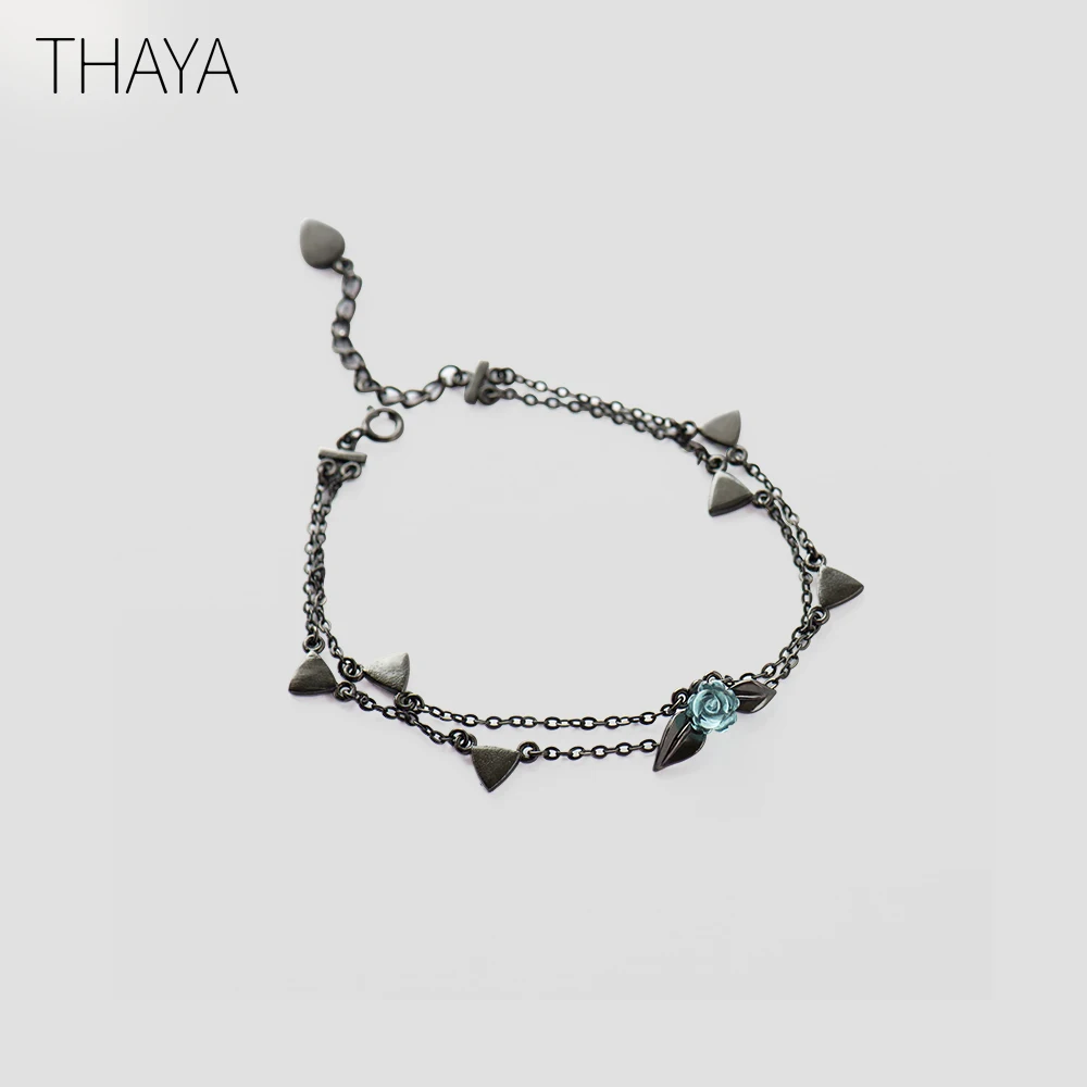 Thaya, 925, Серебряный шип, розовый браслет, два слоя, Хрустальный цветок, черная цепочка, звено, браслет для женщин, ювелирное изделие, корейский стиль, подарок