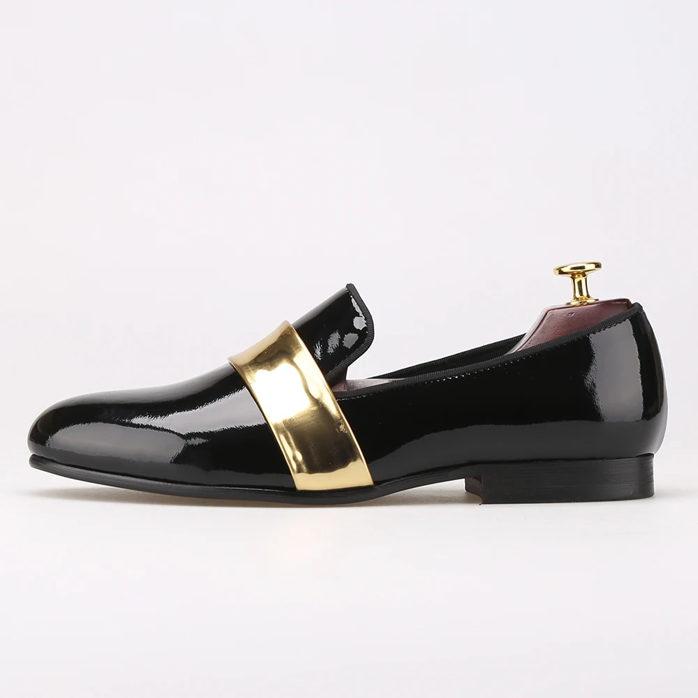 Мужские кожаные лоферы ручной работы с золотой лакированной кожаной пряжкой