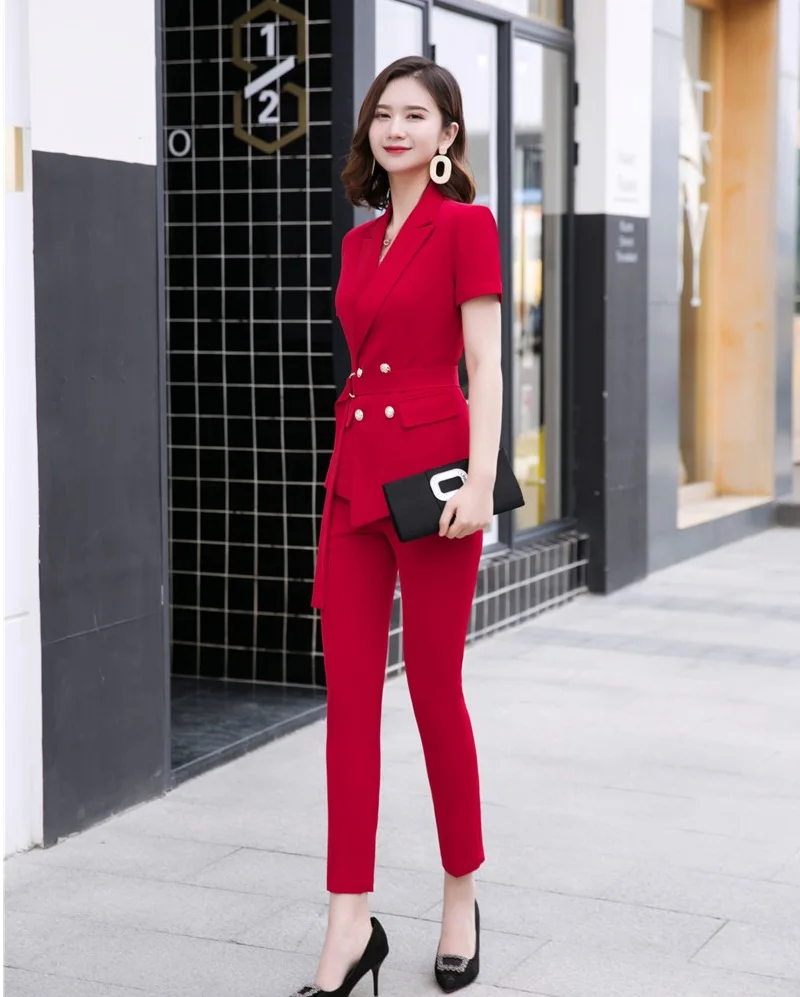 Новинка красные деловые костюмы с жакетом и брюками карандаш в офисном стиле
