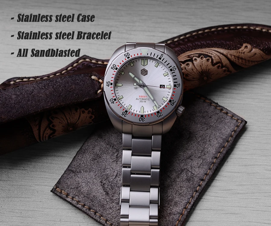 Lugyou San Martin Diver Мужские часы механические из нержавеющей стали Пескоструйный сапфир 20 АТМ водостойкий металлический браслет
