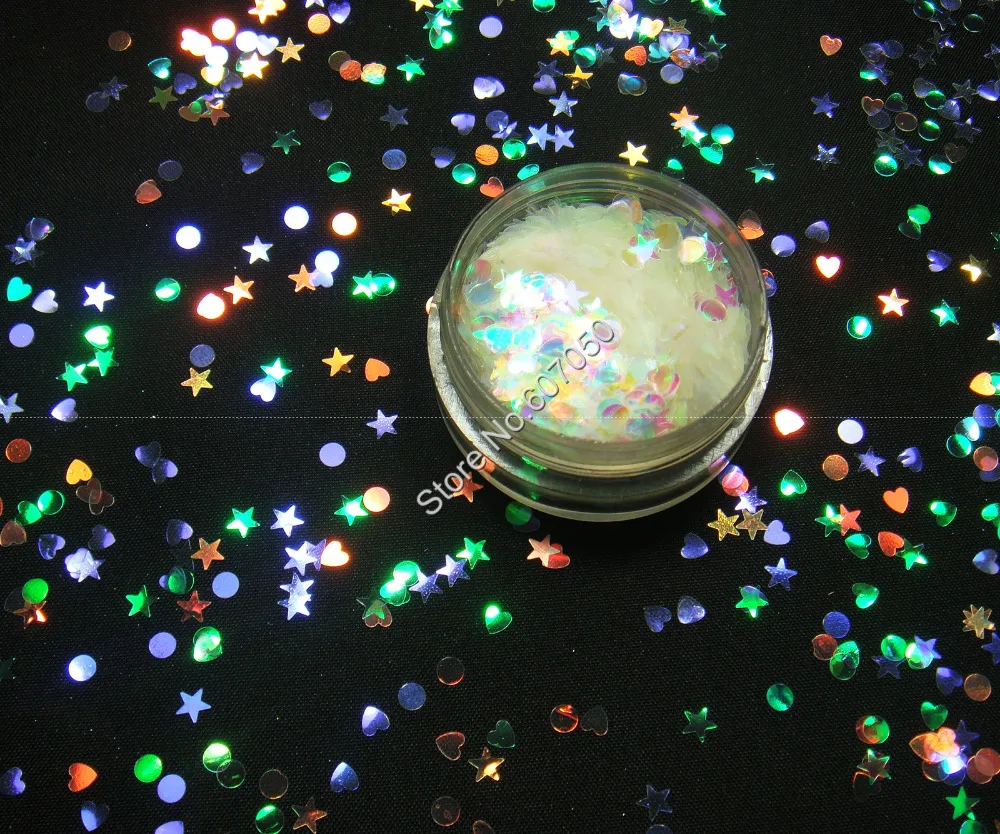 Mix Size White Glitter Round Heart Star Shape with Colorful Purple Gold Green Light Tint for Nail Craft Art Decoration | Красота и