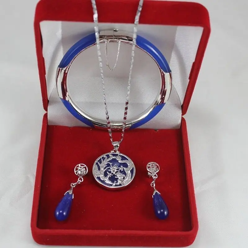 blue Jade Black Agate Bangle Earring Dragon Set&gt&gt18K GP Plated gold Bridal wide watch wings queen JEWE | Украшения и