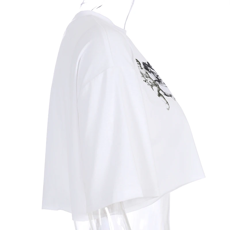 Harajuku Angel Print Белая укороченная Футболка женские свободные топы с коротким рукавом