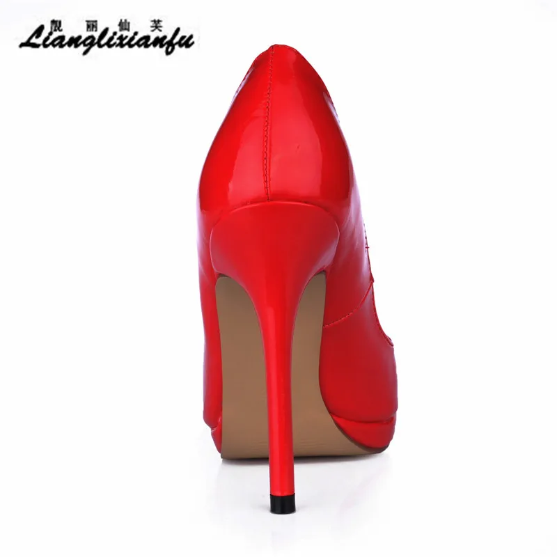 

LLXF female party stilettos 12cm thin heels wedding shoes woman Peep Toe pumps Patent Leather sapato feminino Plus:35-41 42 43