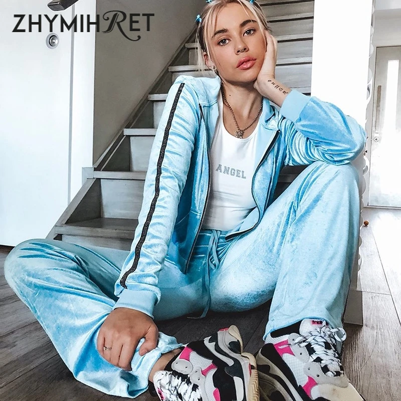 ZHYMIHRET Осенняя бархатная толстовка с капюшоном и длинные штаны комплект из двух