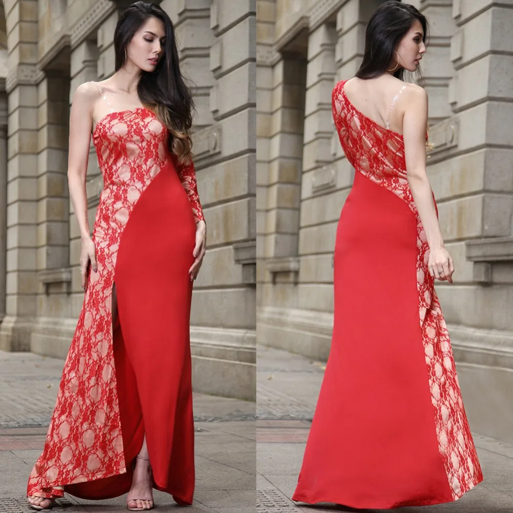 2017 Женщины Повседневная Кружева Dress Спинки Империя Одно Плечо Боди Макси
