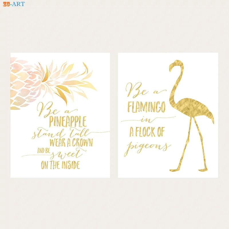 Flamingo Pineapple Print Poster Watercolor Gold Nursery Decor Quote Canvas Paianting Wall Art Pictures Living Room Home Decor