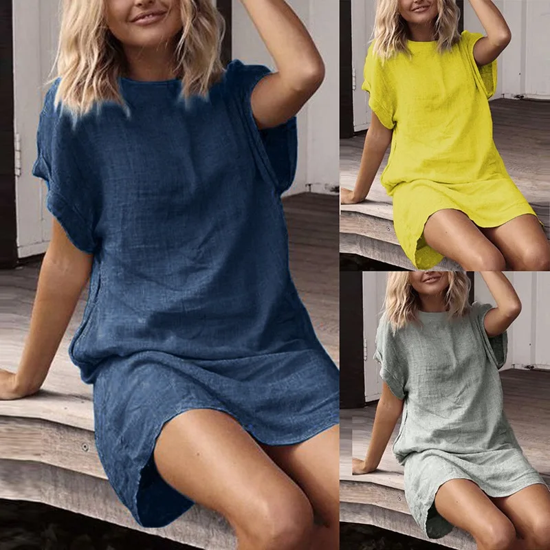 

Women Summer Dress Solid Short Sleeve Round Neckline Linen Loose Dresses