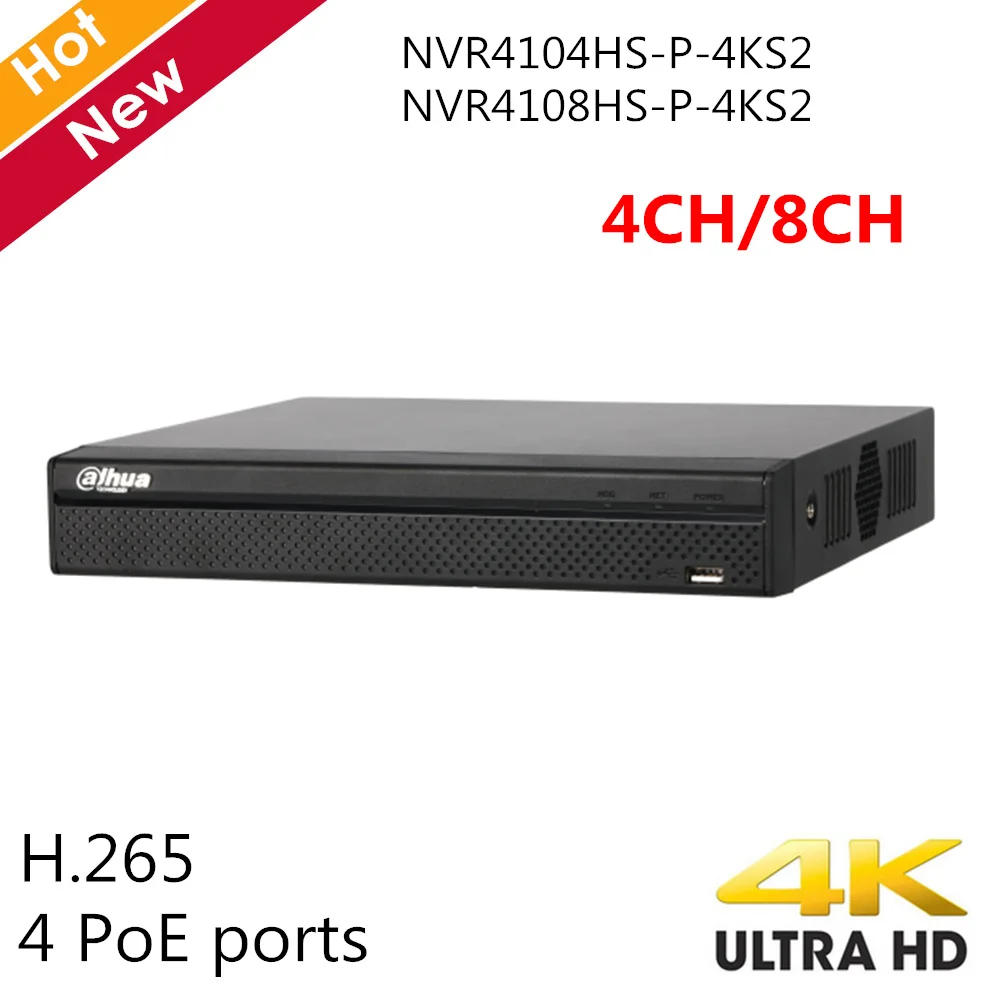 Оригинальный Dahua 4K 4 Ch NVR 8 NVR4104HS P 4KS2 NVR4108HS POE порта компактный 1U H.265 Lite сетевой