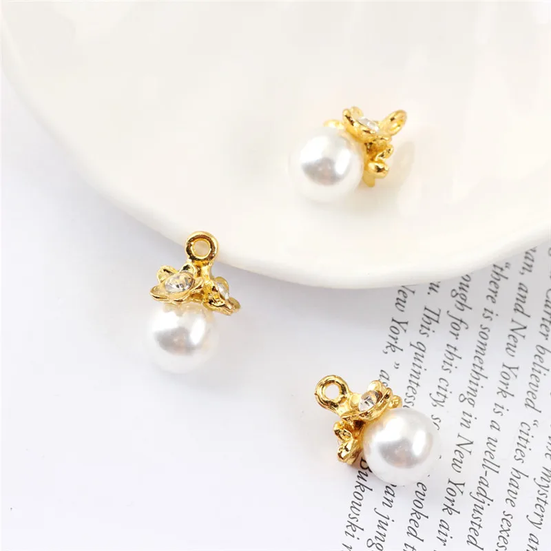 New Arrival 12*18mm Gold Tone Alloy Caps Decorated Round White Pearl Charm Pendant Fit Bracelet Necklace Keyring Phone Chain DIY