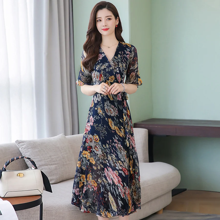 2019 Цветочные шифоновые облегающие летние миди платья Boho винтажные 3XL плюс размер