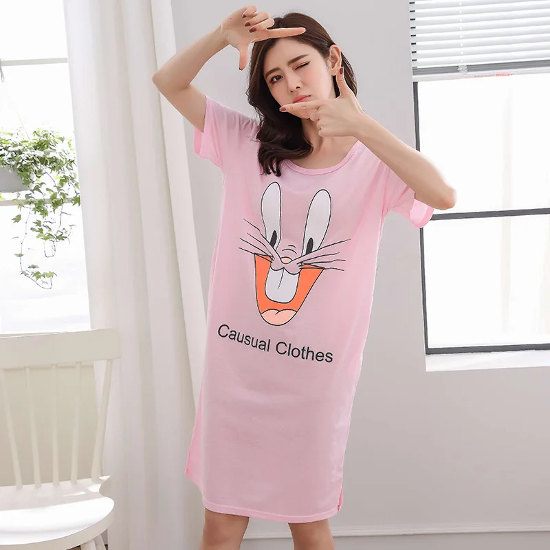 rabbit pink Женское хлопковое Ночное платье с круглым вырезом и мультяшным принтом, Милая Ночная рубашка с коротким рукавом, домашняя одежда, весенне-летняя одежда для сна для женщин - Цвет: rabbit pink