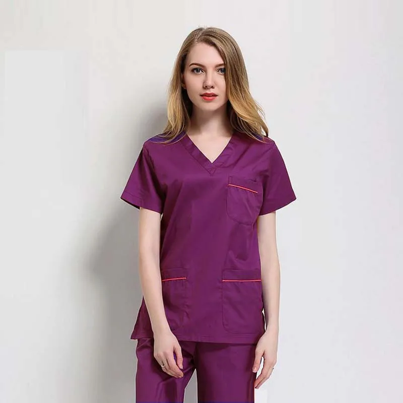 purple set Женская мода скраб набор Цвет Блокировка дизайн V шеи рубашка с боковым отверстием+ брюки(Чистый хлопок/полиэстер хлопок - Цвет: purple set
