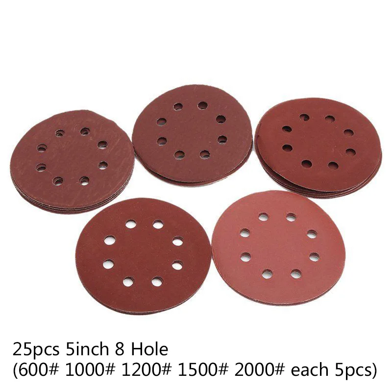 25 шт полировщик шлифовальный НАБОР ДИСКОВ 5 дюймов 8 отверстий зернистость 600 1000