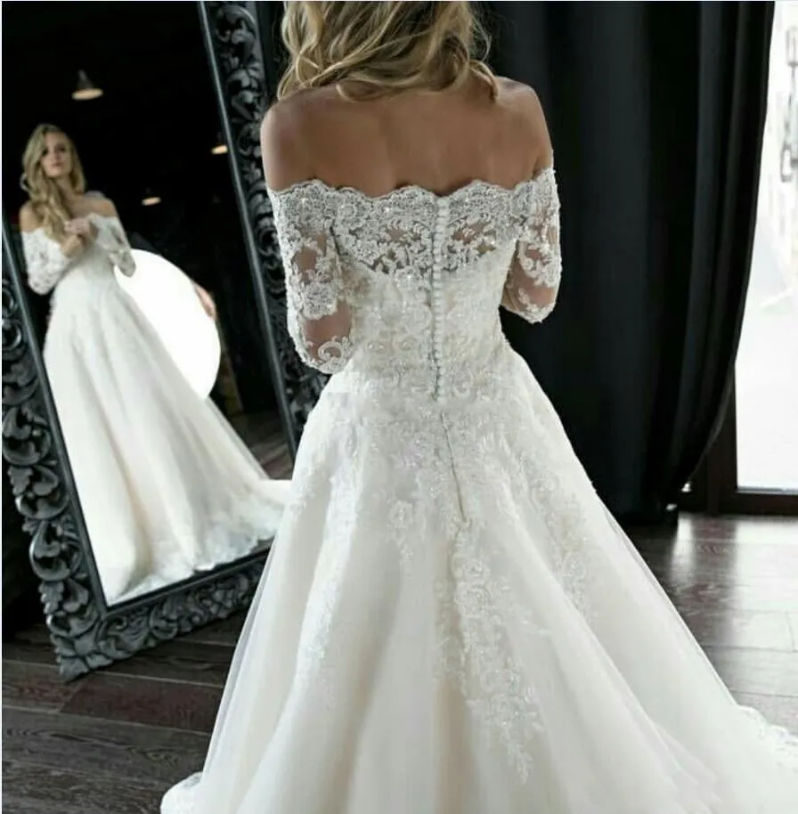 

Vintage Country Wedding Dresses 2021 Lace Off Shoulder A Line Long Sleeves Button Appliques Garden Bridal Gowns Vestido De Novia
