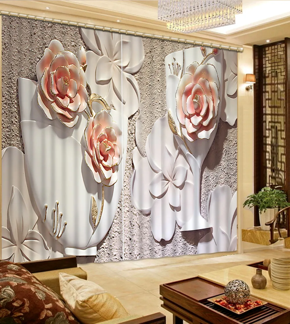 

modern living room curtains relief curtains flower Digital Print 3D Blackout Curtains For Living room
