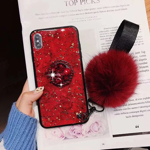 1 Чехол из ТПУ для samsung Not10Plus S10P для iPhone 11 Pro MAX 6 6splus 8Plus 7 Plus DIY держатель с кристаллами+ меховой шарик+ ремешок чехол для телефона - Цвет: 1